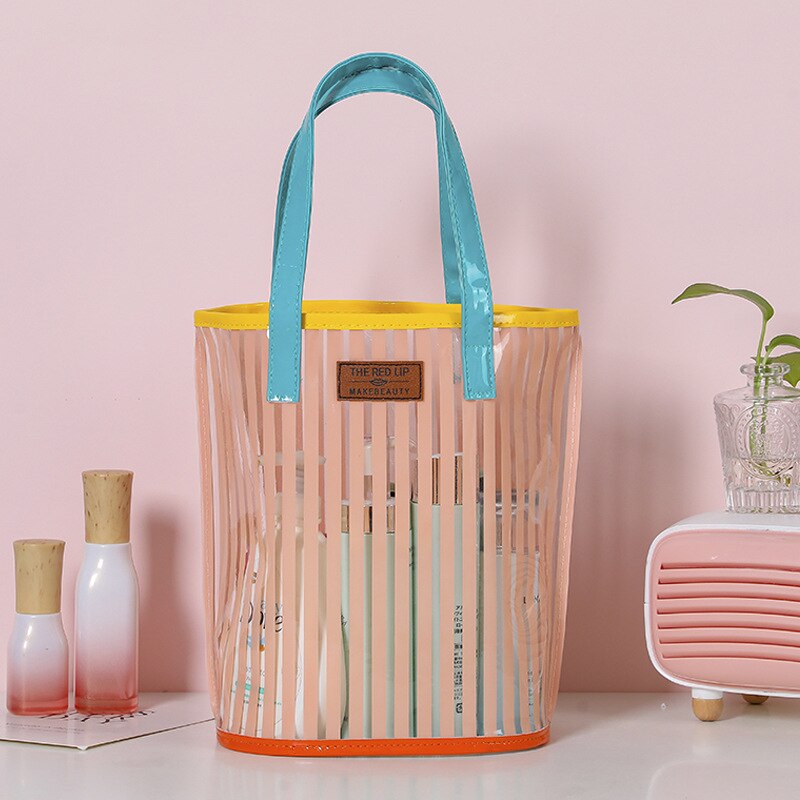 2022 New Striped Handbag Wash Bag. Girl Heart Transparent PVC Jelly Bag Portable Large-capacity Beach Bag. Storage