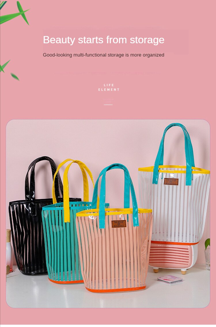 2022 New Striped Handbag Wash Bag. Girl Heart Transparent PVC Jelly Bag Portable Large-capacity Beach Bag. Storage