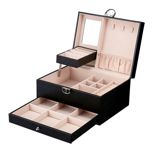 New leather jewelry jewelry box Korean version of the jewelry storage box monochrome temperament multi-layer large capacity jewe