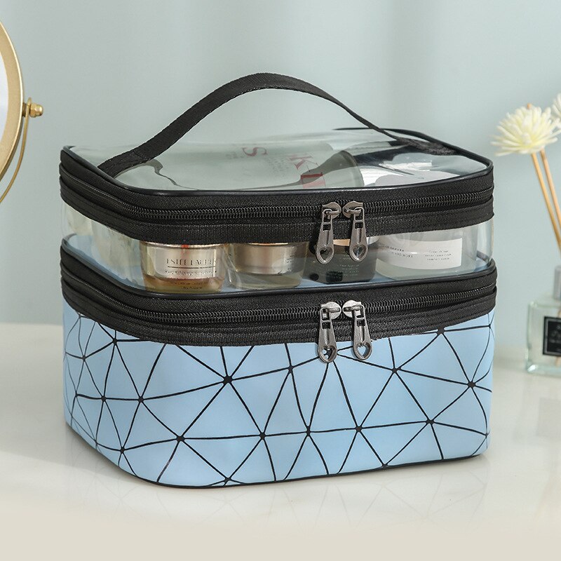 New PU Lingge Portable Cosmetic Storage Bag Travel Wash Bag PVC Double-layer Cosmetic Bag