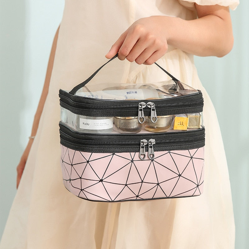 New PU Lingge Portable Cosmetic Storage Bag Travel Wash Bag PVC Double-layer Cosmetic Bag
