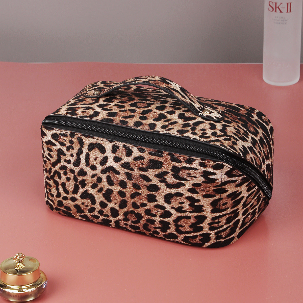 Leopard print PU leather large capacity multifunctional cosmetic bag advanced sense ins wash bag
