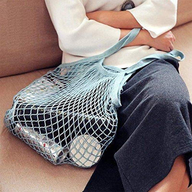 Net Shopping Bag Cotton Market String Reusable Mesh bag with Long Handles Washable Mesh Storage Fruit Vegetable
