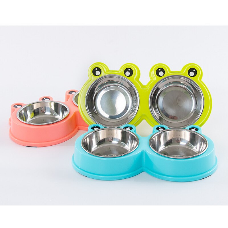 petPet Bowl Plastic Cartoon Frog Double Bowl Pet Stainless Steel Bowl Pet Feeder Cat Bowl Dog Basin Pet Supplies