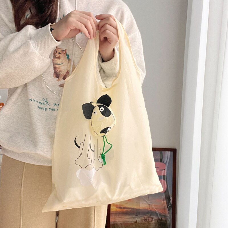 INS Style Minimalist Cartoon Puppy Foldable Shopping Bag, Portable, Large Capacity, Environmentally Friendly Bag, Handbag Storage