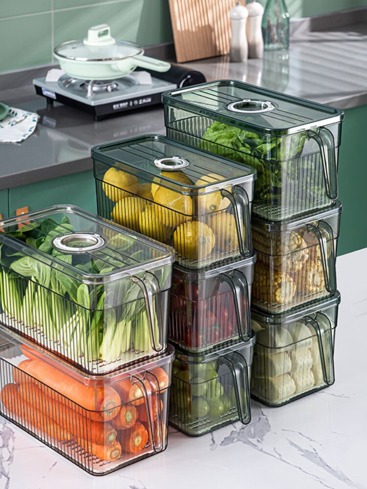 Kitchen Refrigerator Storage Box with Handle Crisper Food Grade Organizer Clear Plastic Storage Box Storage