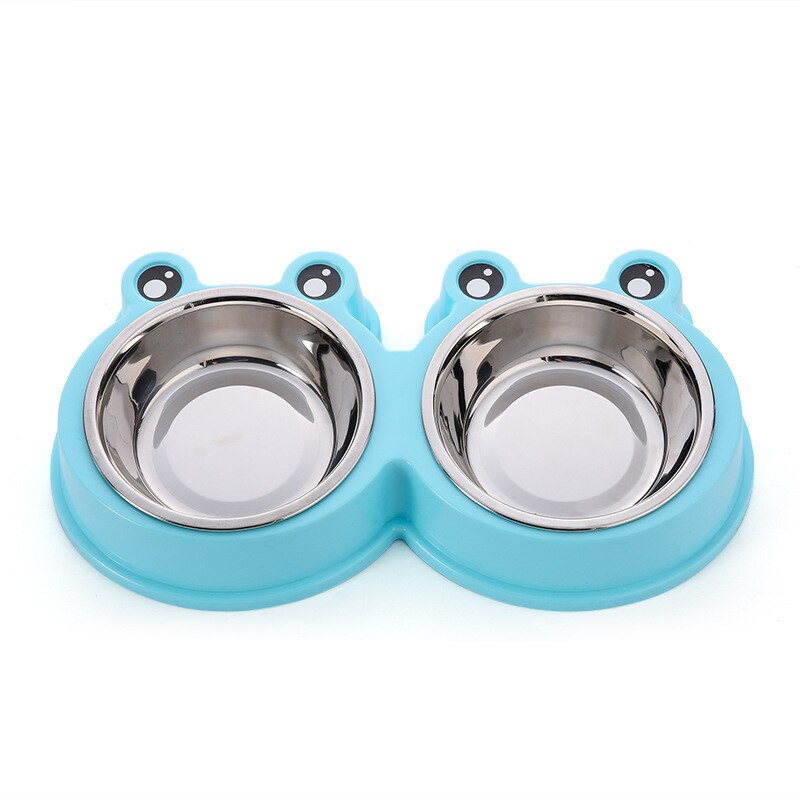 petPet Bowl Plastic Cartoon Frog Double Bowl Pet Stainless Steel Bowl Pet Feeder Cat Bowl Dog Basin Pet Supplies