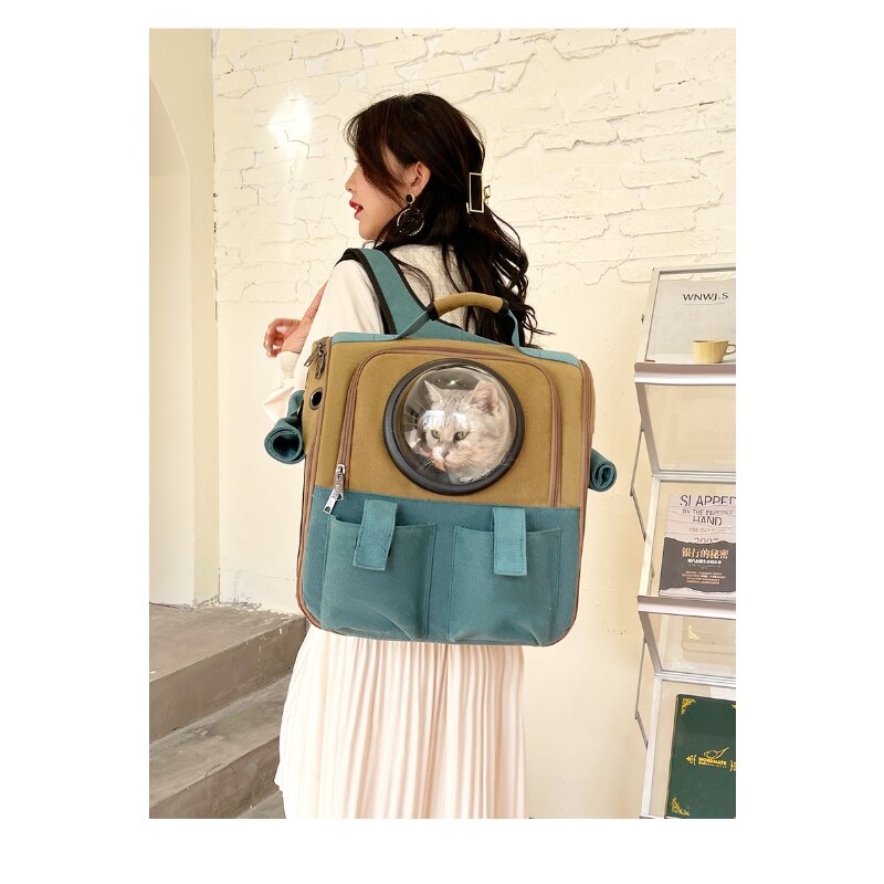 Pet Cat Canvas Backpack Large Capacity Cat Bag Chest Out Portable Pet Bag Space Pet Cabin Dog Bag