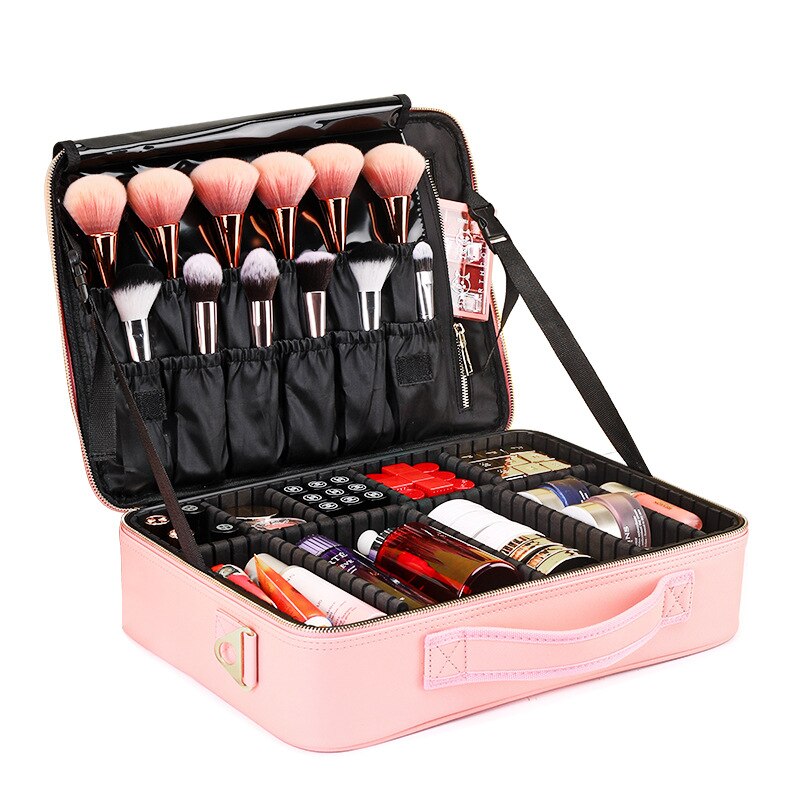 Professional Partition Pink PU Leather Cosmetic Bag, Cosmetics Storage, Heel Makeup, Nail Enhancement, Embroidery, Portable Case Storage