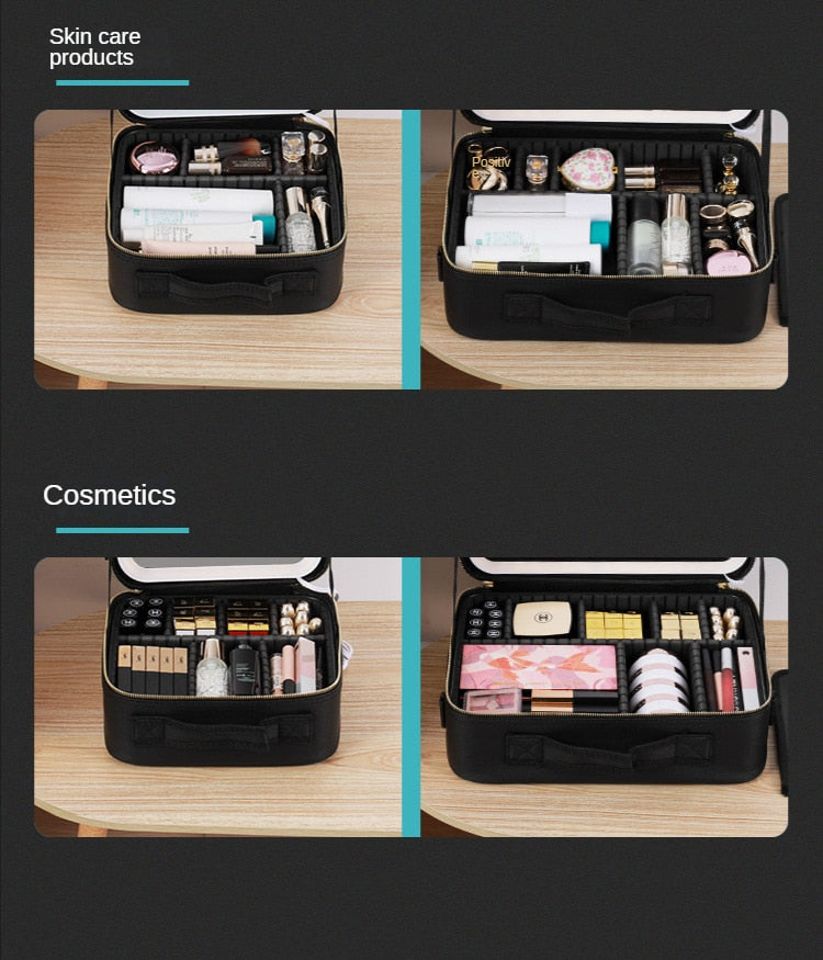 Large-capacity Cosmetic Bag with Mirror with LED Light and Makeup Skin Care Products CosmeticPortable Travel Storage Bag Storage