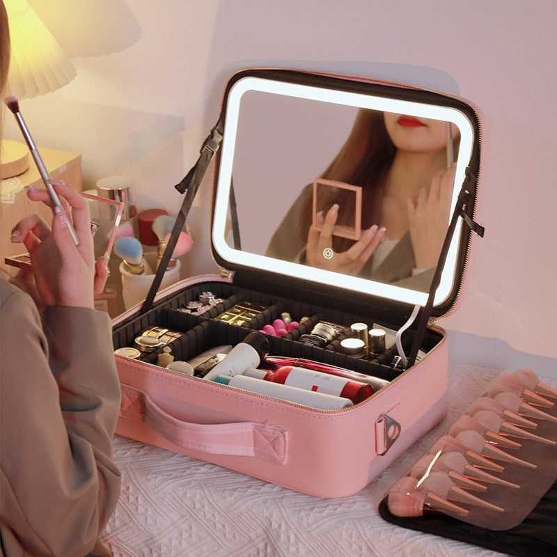 Large-capacity Cosmetic Bag with Mirror with LED Light and Makeup Skin Care Products CosmeticPortable Travel Storage Bag Storage