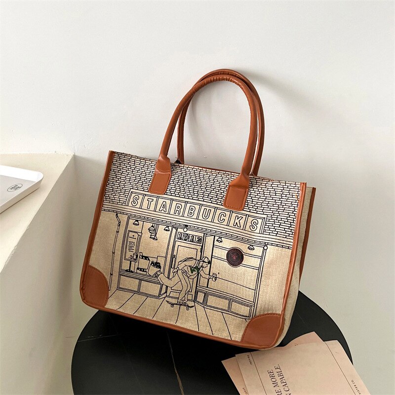 New Personalized Hand Bill of Lading Shoulder Tote Bag Retro Linen Fabric Student Bag Computer Bag Wholesale Storage