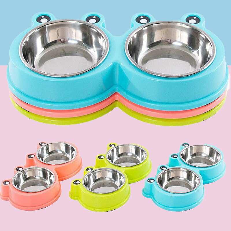 petPet Bowl Plastic Cartoon Frog Double Bowl Pet Stainless Steel Bowl Pet Feeder Cat Bowl Dog Basin Pet Supplies