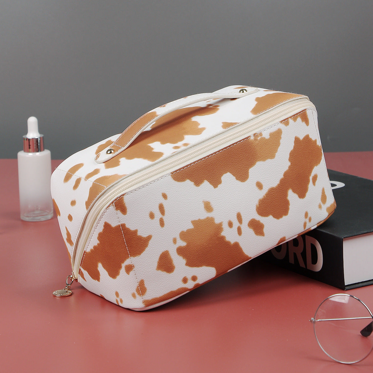PU leather cow print large capacity multifunctional makeup bag premium sense wash bag