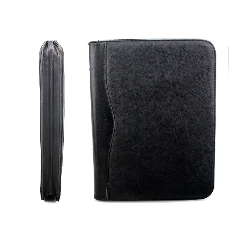 Zippered Leather Business Portfolio with Computers Black Portfolio Organizer Leather Notepad Folder for Resumes