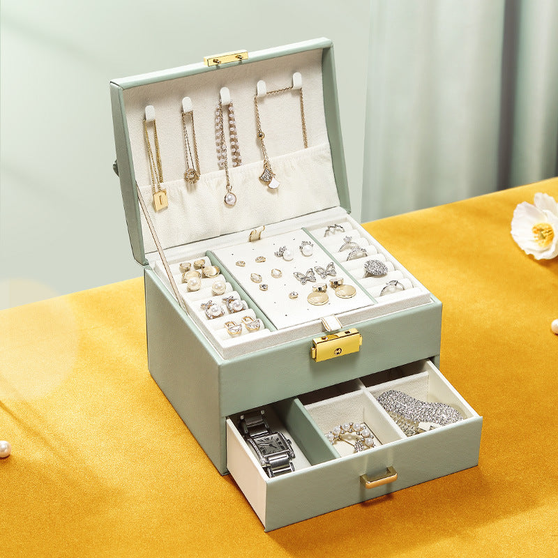 New Korean version with lock princess jewelry box earrings studs ring ornaments storage box large capacity jewelry box