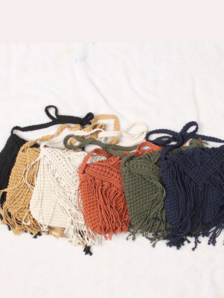 Small fresh hand woven crossbody bag ethnic wind cotton string tassel single shoulder bag new
