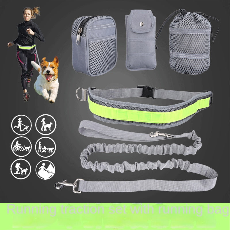 Dog Accessories  Popular Pet Running Traction Suit with Waist Bag, Multicolor Reflective Traction Rope Collar and Belt