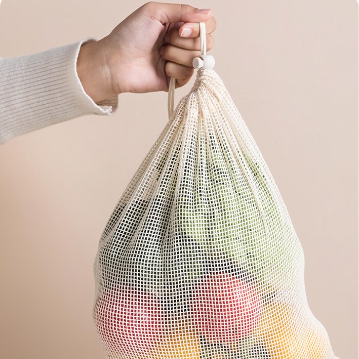 Cotton mesh drawstring bag solid color bunched mouth household fruit and vegetable shopping storage bag portable and foldable