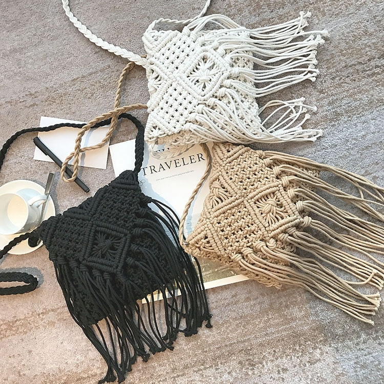 Handmade cotton thread bag new tassel grass braided bag braided small square bag one shoulder seaside holiday beach bag
