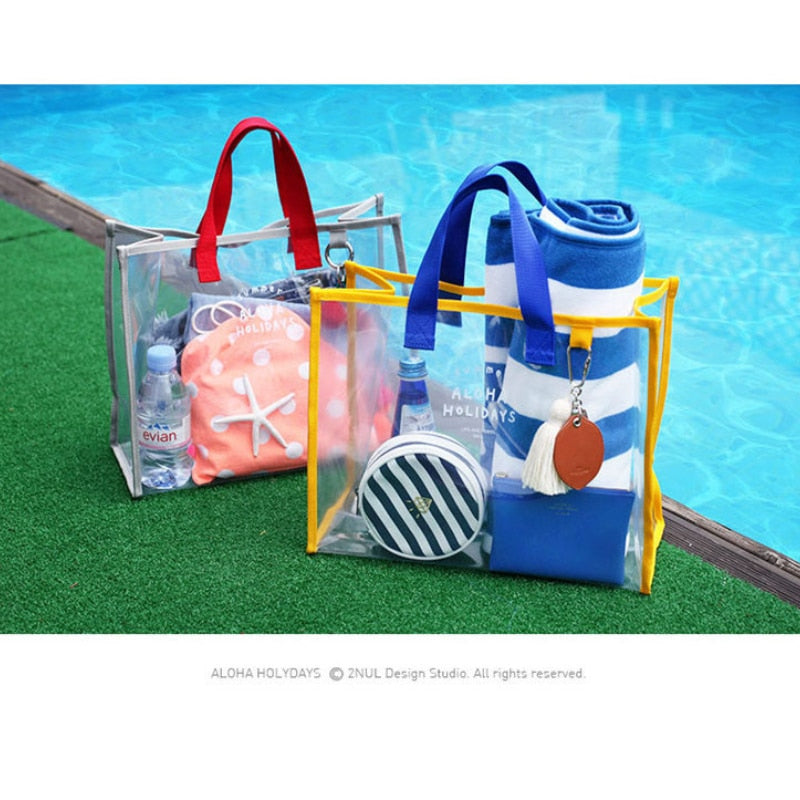 Ins Wind PVC Transparent Waterproof Jelly Handbag Shopping Bag Large Capacity Beach Swimming Bag Portable Washing Bag